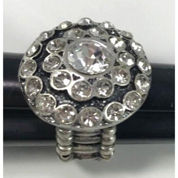 Silver Tone Clear Rhinestone and Black Enamel Stretch Cocktail Ring - Picture 3 of 4